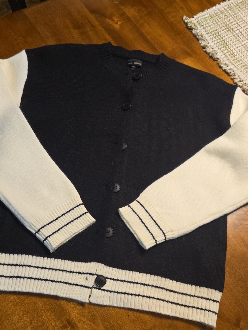 Coco + Carmen Dark Navy and Cream Button-Up Cardigan